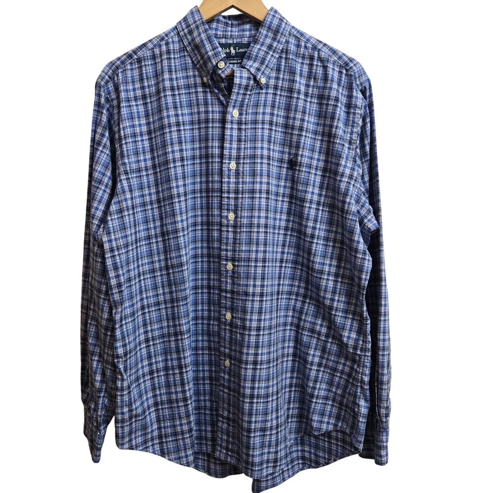 Ralph Lauren Mens Preppy Academia Classic Fit Blue Plaid Button-Down Shirt S